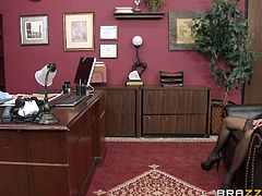 Lisa is a very sexy MILF with amazing large breasts who wants to get her boss attention. She gets inside his office and unbuttons her shirt in front of him. Seeing her large sexy boobs he can't focus on anything else except her. He touches her breasts and licks them. Lisa gets on her knees while he fucks her tits.
