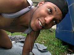 Get excited by watching this black gay man, with a nice butt wearing a cap, while he goes hardcore doggystyle with another dude outdoors.
