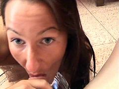 Long-haired brunette mom is having fun with her man in POV piss fetish scene. The bitch sucks the dude's boner ardently and asks him to pee in a bowl.