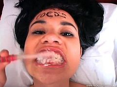 Gorgeous brunette with natural tits pose lovely before giving her horny guy a superb titjob and enjoying her sex hole being feasted hardcore missionary while she moans