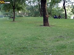 Gina wanted to kill her boredom and went out for a walk in the park. The blonde babe seems to be very friendly and got excited when the camera began filming. Click to see her persuaded to show what´s under her pants. Get a glimpse and enjoy!