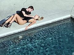 Jame's Deen has her laid down by the swimming are and he is kissing her is such an erotic fashion. The couple moves indoors and they make love on a mattress. He makes her wet by kissing her and rubbing her clit. She is so close to orgasm as he give her cunnilingus.