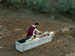 The explorers find Snow White in the middle of a field in a coffin, and they see an opportunity to have dirty sex with her. They wake her up and make her suck on those stiff cocks. They hold her by her wrists.