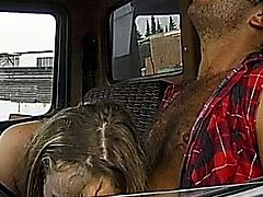 Our nymph is so erotic that makes the driver who picks her up to masturbate while driving! 
At the first stop, another guy appears for a wild threesome in the truck! 
The picked up slut has her mouth and asshole same time and even gets a double teaming!