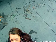 Brunette babe Marina sucks and fucks on a rooftop.