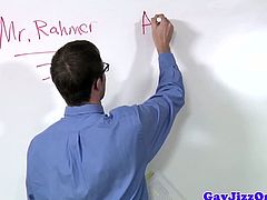 Teacher join in with his gay students and all of them got naked in the classroom sucking each others dick and cumming on the teacher's fresh body, bukkake style.