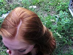 This dirty redhead slut was stranded so I picked her up for a ride. She drove with me for a while, and then we stopped by a fence in the alley. She pulls her panties down and lets me fuck her deep from behind. She gives a great blowjob, too.