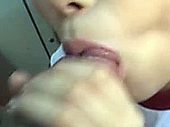Asian teen cum guzzler swallowing jizz after sucking dick pov
