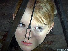 Not a single part of this slave's body is showing. Only her head is visible as it stick out of a hole in the barrel that her master has locked her in. The cute slave has hooks put in her nose and pulled.