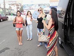 Three babes are picked up from the street and asked, if they dare to enroll in a kinky challenge, involving showing their tits to the camera and to the world! Guess what? The brave sexy ladies wouldn't miss it for anything, especially when offered money in exchange. See them getting on the board of the minivan!