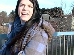 This dirty bitch is out in the cold outside, with her pants around her ankles. Lucia is leaning against the building and playing with her pussy, when she is caught in the act! She is embarrassed, but she takes a walk with the men, who caught her and then, flicks her clit some more in public.