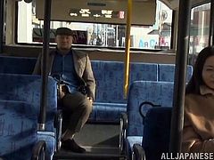 This dirty girl has no problem, letting creep on the bus play with her pussy. She lets a homeless guy finger her twat and then, wanks his cock in front of everyone on the bus. Can they keep their sex act hidden?