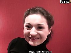 Brunette cant resist guys throbbing boner and takes it in her mouth