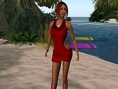 Venicie en mini robe rouge sexy moulante à la plage
