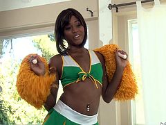 She has just finished cheering on the football team at the big game and now, this beautiful, little, black cheerleader is visiting her boyfriend for some fun. She spreads open her sexy legs and he buries his face in her snatch.