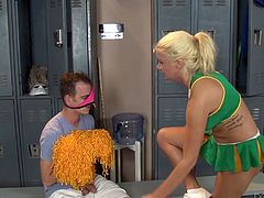The cheerleader catches this little pervert in the locker room, sniffing her panties and jacking off his cock. She is going to punish him, by making him suck on her big strap on. He chokes on her big plastic cock with the panties on his head.