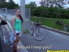 This Hungarian girl was trying to get home with her bike, but it got broken. A guy picked her up to take her home. He actually had a cock ride in mind too, which he gave to her.