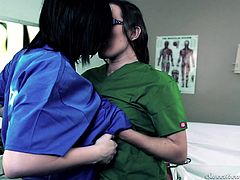 Take a look at these two dark haired cuties. They both need a break from their long shifts, and these hot nurses kiss each other passionately. The girls take their costumes off and play with each other's amazing natural boobs, on the examination table. Sinn moans, as her pussy is eaten out.