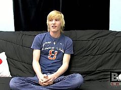 Dustin Dibella is having his first solo playing action and they interviewing him for his past sexual experiences and other stuffs. He told them he is so horny and want to start jerking after that.
