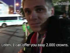This good looking jock needs money desperately and luckily found this Czech gay hunter looking for a quick fix into his cock by paying him a lot of money to make him naked in the public shower and suck his cock.