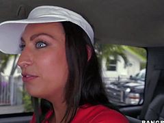 Charming brunette Tiffany Cane with alluring smile takes off her red t-shirt and flashes her perfect boobs without taking off her bra, Watch her give interview and strip in the backseat.