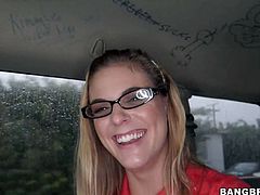 Todays Bang Bus update is all about cute amateur girl Kendra Lynn. This cash hungry college chick with glasses is extremely sexy in her short black skirt and red blouse.