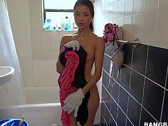 Petite sexy Veronica Rodriguez is another sexy cash hungry maid. Skinny girl shows her small perky boobs in the shower and then displays another parts of her lovely tight body in front of the camera.