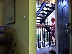 Fat exhibtionist masturbation on the stairs of his building