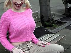 Don't you like when hot ladies act leaving all shyness behind? Chessie is a blonde uninhibited bitch, who seems to love being in the center of attention, especially in public places. She shows her buttocks and panties, and her pink bra in front of the camera, while walking on the street. People stop to see.