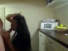 Horny black haired babe fucked and creampied in the kitchen