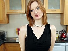 British slut Zara frigs herself in the kitchen
