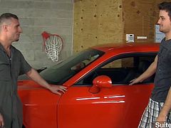 Good looking mechanic Krys Perez gets mouth and ass fucked hard by handsome gay Roman Rivers
