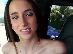 Brunette Belle Knox is cute young porn girl with perky tits that shows it all to guy next door and takes his hard cock in her eager mouth in the backseat. She exposes her sexy nude body as she sucks him off.