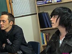 Homo Emo brings you a hell of a free porn video where you can see how two twinks fuck hard on the teacher's desk while assuming very interesting positions.