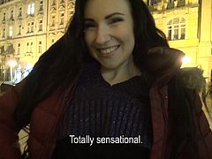 A girl met while rambling on the Czech streets at a late hour, agreed to show her sensational tits for a few moments. The naughty brunette seemed a bit shy, but when she was offered money to go in a more remote place, she took it. Click to watch slutty Jess persuaded to suck cock. Enjoy!
