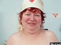 Old nurse redhead strips nude and toys her cunt