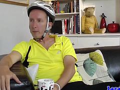 Lara is a British lady to picks up a cyclist and brings him home. She puts on sexy lingerie, stockings and boots and then she takes his cock doggy style and his cum on her face.