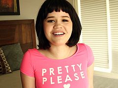 Are you fond of innocent naive teens? A short-haired brunette with small tits and nice ass, sensually removes her skirt, keeping only her pink panties on and t-shirt. She seems very excited and comes crawling towards the man with a big cock. You bet she finds it yummy and sucks it down to the balls...