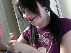 Alluring brunette teen jerks hard cock with her soft young palms in this nasty POV encounter. He moans loudly with every stroking she gives him in this raw encounter on the camera.
