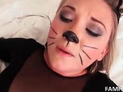 Hot blonde playing the bad kitty gets peachy muff shagged from behind