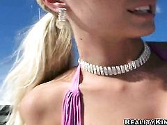 Blonde Molly Cavalli with big tits and hairless bush spreads her legs to fuck herself with toy