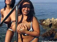 Stunning chubby lesbians in sexy bras and panties on the beach outdoor fondling each other's big tits as they moan then take a swim