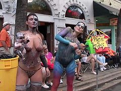Curvy Fetish sluts in Thongs gets their sexy bodies Messy as they showcase Natural Tits in Public on Outdoor Reality scene