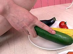 Perverted long haired Japanese Naomi Sugawara pushes tomato in cunt
