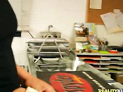 Blonde harlot with round butt and trimmed bush is a blowjob addict that loves guys throbbing dick