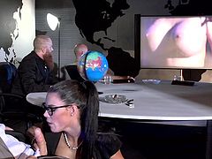 A slutty brunette dressed up elegantly for the important office meeting. As lights are turned off, she crawls under the table, until getting near a co-worker... Click to see the sensual babe showing him her wonderful big tits. The blowjob scene is extremely intense, so don't dare to miss the details!
