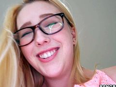 Bespectacled young chick Samantha Rone peels off her panties and plays with her pink pussy with legs wide open, This sweet blonde with wet snatch takes guys snake in her hot mouth.