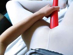 Vika fills the hole between her legs with dildo for the camera in solo action