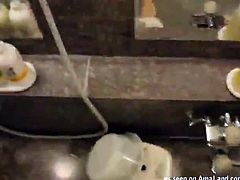 Naked horny hunk films self while playing with his big hard cock in the shower room