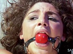 Abella fails to escape from the sadistic grasp of the executor and her tight body becomes a plaything to this sadist. Bdsm loving guy ties up the babe's body, with her legs spreading wide and uses a vibrator on her shaved tight pussy. Ball gagged brunette endures every torture and prepare for more.